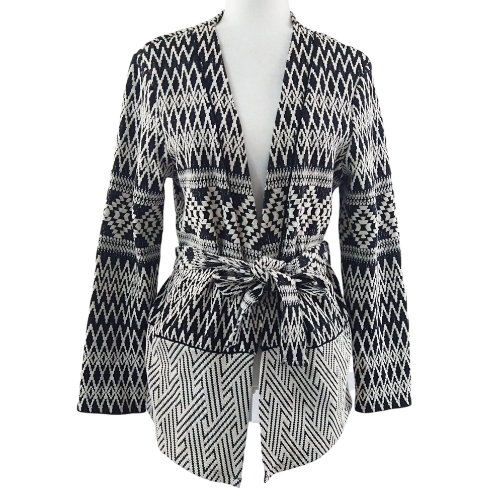 River Island Black Ivory Open Aztec Southwest Front Belted Cardigan Pockets Boho